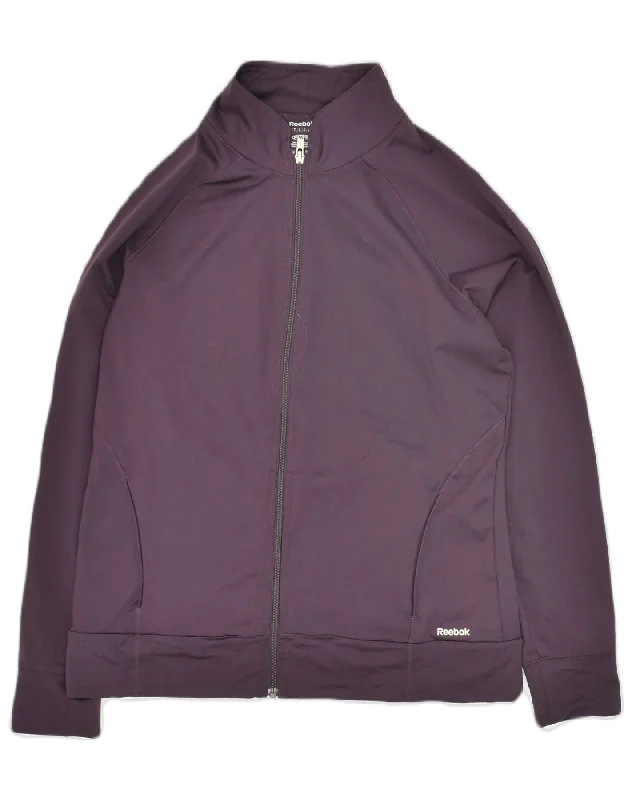 REEBOK Womens Tracksuit Top Jacket UK 14 Large Purple Polyester A-Line Jacket Boat Neck Shawl Collar