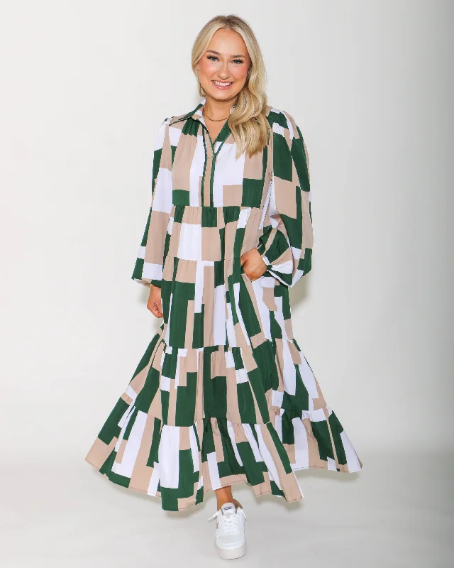 Abstract Print Green Print Maxi Dress Comfortable Pleated Maxi Dress