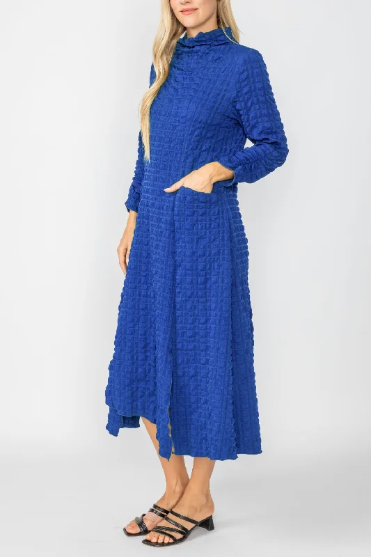 Blue Mock Neck W/ Shirring Front Slit Uneven Hem 3/4 Sleeve Maxi Dress Comfortable Casual Maxi Dress Blue Mock Neck W/ Shirring Front Slit Uneven Hem 3/4 Sleeve Maxi Dress Comfortable Casual Maxi Dress