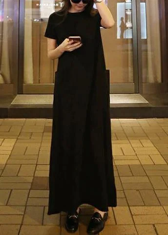 Bohemian o neck pockets cotton summer Tunic Neckline black Maxi Dress Trendy Maxi Dress with Belt Bohemian o neck pockets cotton summer Tunic Neckline black Maxi Dress Trendy Maxi Dress with Belt