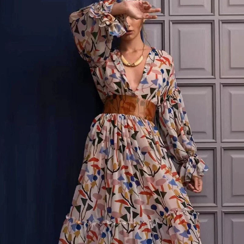 KittenAlarm - Christiana Allover Print Flounce Sleeves Maxi Dress Classic Tulle Maxi Dress KittenAlarm - Christiana Allover Print Flounce Sleeves Maxi Dress Classic Tulle Maxi Dress