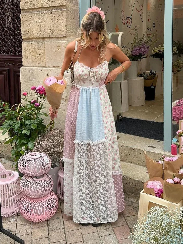 Elegant Print Lace Patchwork Halter Maxi Dress Comfortable Maxi Dress with Slits