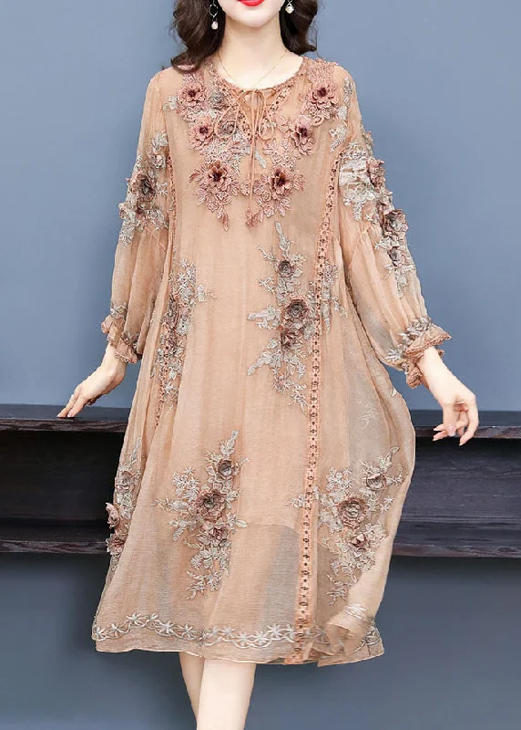 Handmade Apricot V Neck Embroideried Floral Silk Maxi Dress Long Sleeve Trendy A-Line Maxi Dress Handmade Apricot V Neck Embroideried Floral Silk Maxi Dress Long Sleeve Trendy A-Line Maxi Dress