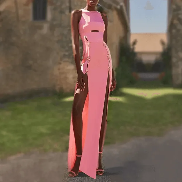 KittenAlarm - Jane Sleeveless Round Neck Double Side Slit Ring Embellished Maxi Dress Elegant Pleated Maxi Dress KittenAlarm - Jane Sleeveless Round Neck Double Side Slit Ring Embellished Maxi Dress Elegant Pleated Maxi Dress