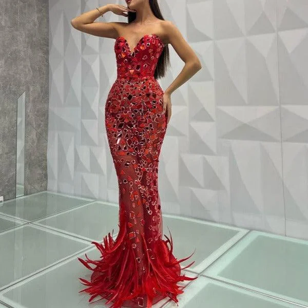 KittenAlarm - Kitt Strapless Feather Red Mirror Maxi Dress Cozy Ruffle Sleeve Maxi Dress KittenAlarm - Kitt Strapless Feather Red Mirror Maxi Dress Cozy Ruffle Sleeve Maxi Dress