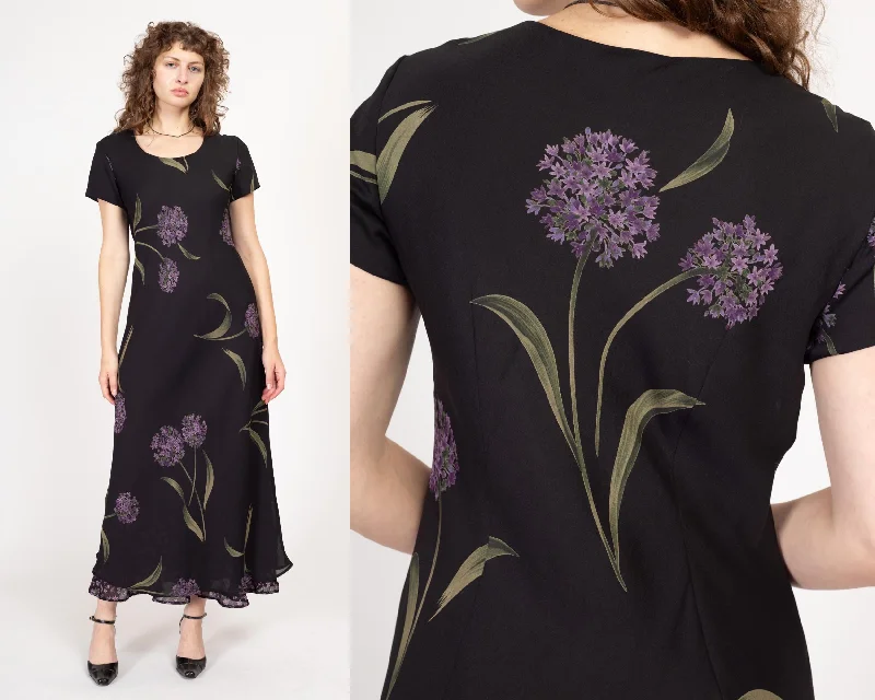 Large 90s Allium Flower Print Black Floral Bias Cut Maxi Dress Comfortable Plunging Neckline Maxi Dress Large 90s Allium Flower Print Black Floral Bias Cut Maxi Dress Comfortable Plunging Neckline Maxi Dress