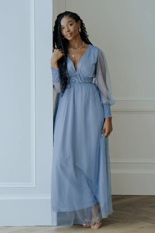 Layla Tulle Maxi Dress | Whisper Blue Chic Boho Print Maxi Dress