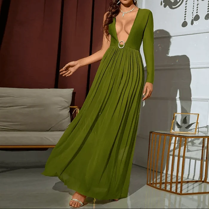 KittenAlarm - Lucy One Sleeve Deep V-Neck Rhinestone Ring Plunge Maxi Dress Classic Strapless Maxi Dress KittenAlarm - Lucy One Sleeve Deep V-Neck Rhinestone Ring Plunge Maxi Dress Classic Strapless Maxi Dress