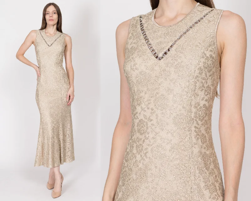 Medium 90s Champagne Metallic Trumpet Hem Maxi Dress Stylish Pleated A-Line Maxi Dress Medium 90s Champagne Metallic Trumpet Hem Maxi Dress Stylish Pleated A-Line Maxi Dress