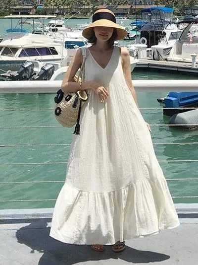 Natural sleeveless patchwork cotton quilting dresses Work white Maxi Dresses Trendy V-Neck Maxi Dress Natural sleeveless patchwork cotton quilting dresses Work white Maxi Dresses Trendy V-Neck Maxi Dress