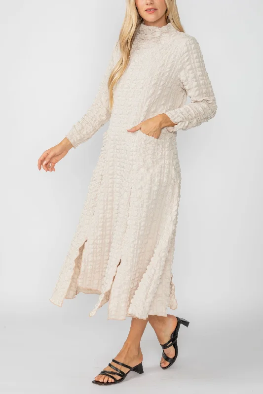 Sand Mock Neck W/ Shirring Front Slit Uneven Hem 3/4 Sleeve Maxi Dress Comfortable Pleated Maxi Dress Sand Mock Neck W/ Shirring Front Slit Uneven Hem 3/4 Sleeve Maxi Dress Comfortable Pleated Maxi Dress