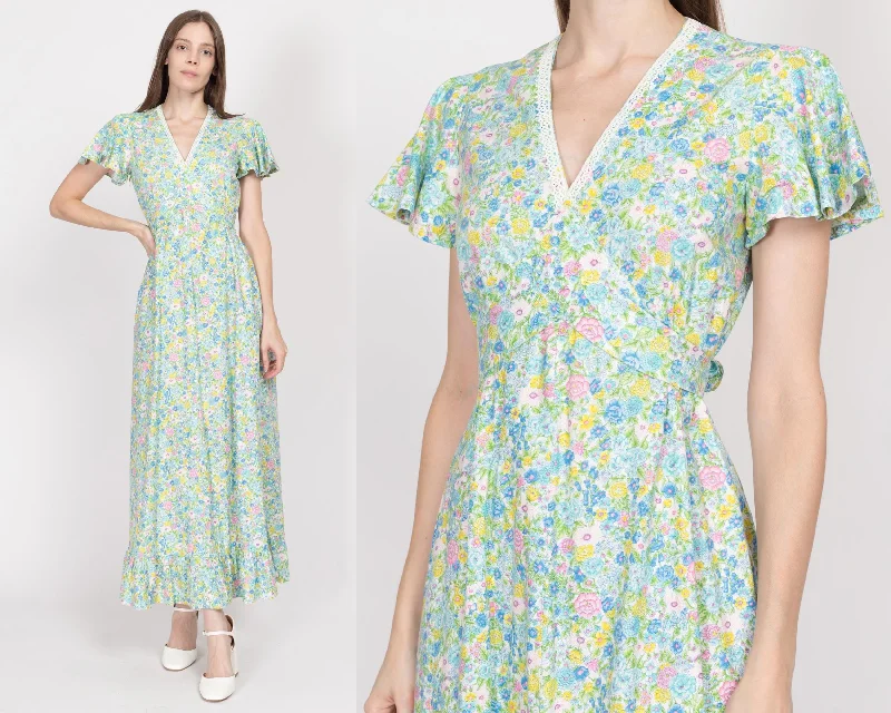 Small 70s Blue & Green Floral Flutter Sleeve Maxi Dress Comfortable Satin Maxi Dress Small 70s Blue & Green Floral Flutter Sleeve Maxi Dress Comfortable Satin Maxi Dress
