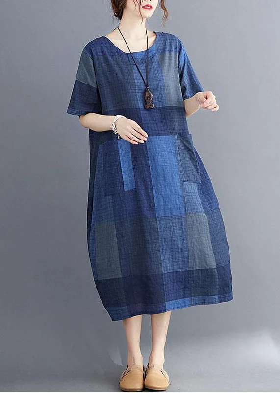 Stylish Blue O Neck Plaid Maxi Dresses Cotton Linen Summer Stylish Pleated A-Line Maxi Dress Stylish Blue O Neck Plaid Maxi Dresses Cotton Linen Summer Stylish Pleated A-Line Maxi Dress