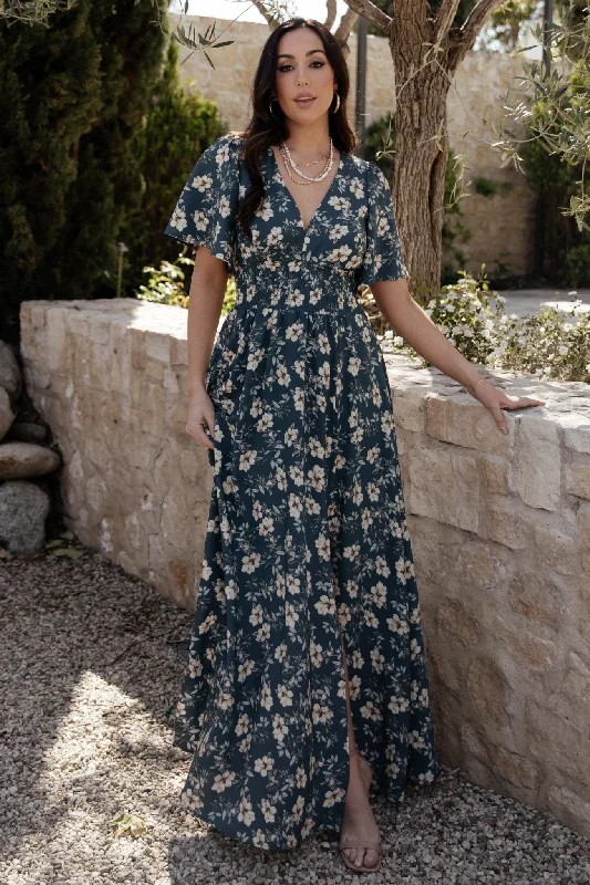 Verona Smocked Maxi Dress | Slate Floral Fashionable Chiffon Maxi Dress