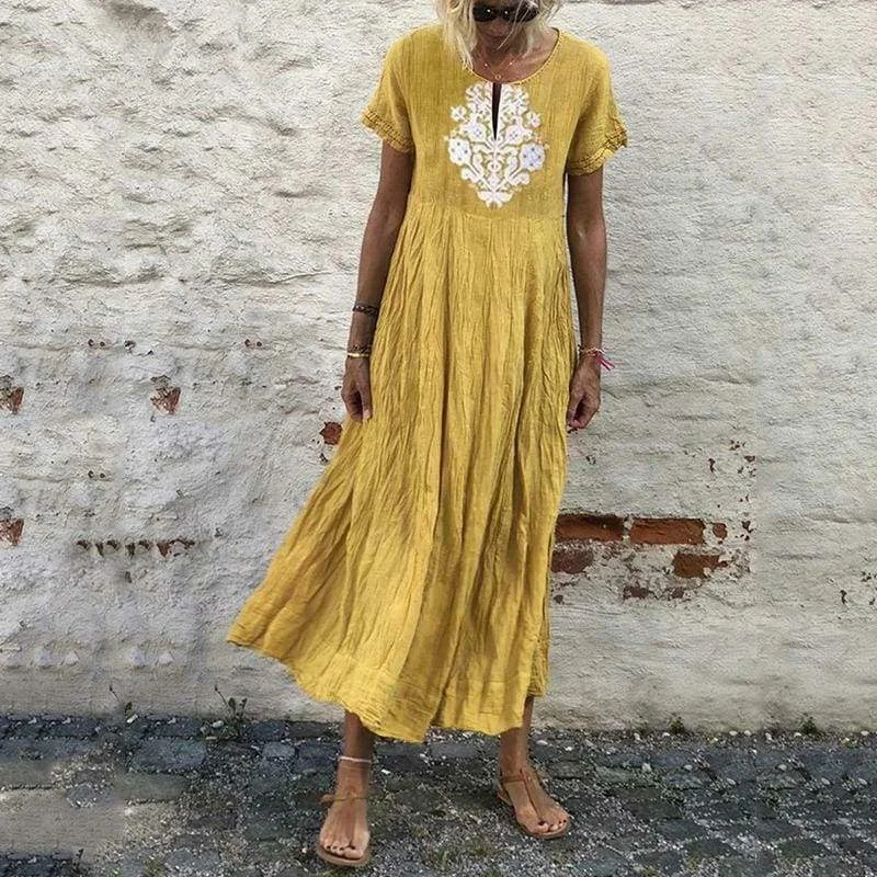 FashionSierra - Women Peasant Ethnic Boho Cotton Linen Long Sleeve Maxi Dress Elegant Maxi Dress with Lace FashionSierra - Women Peasant Ethnic Boho Cotton Linen Long Sleeve Maxi Dress Elegant Maxi Dress with Lace