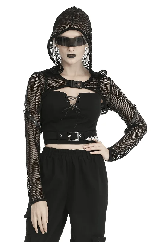 Black Sheer Mesh Hooded Top With Long Sleeves Hoodie with Color Block Contrast Stylish Black Sheer Mesh Hooded Top With Long Sleeves Hoodie with Color Block Contrast Stylish