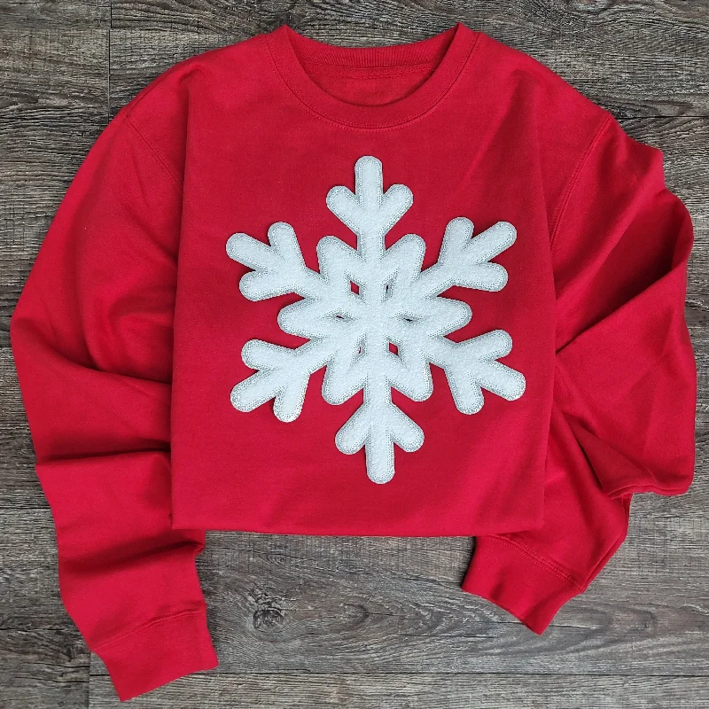 Hazel Blues® | Large Snowflake Chenille Patch Sweatshirt Hoodie with Hem Frayed Vintage Worn Hazel Blues® | Large Snowflake Chenille Patch Sweatshirt Hoodie with Hem Frayed Vintage Worn