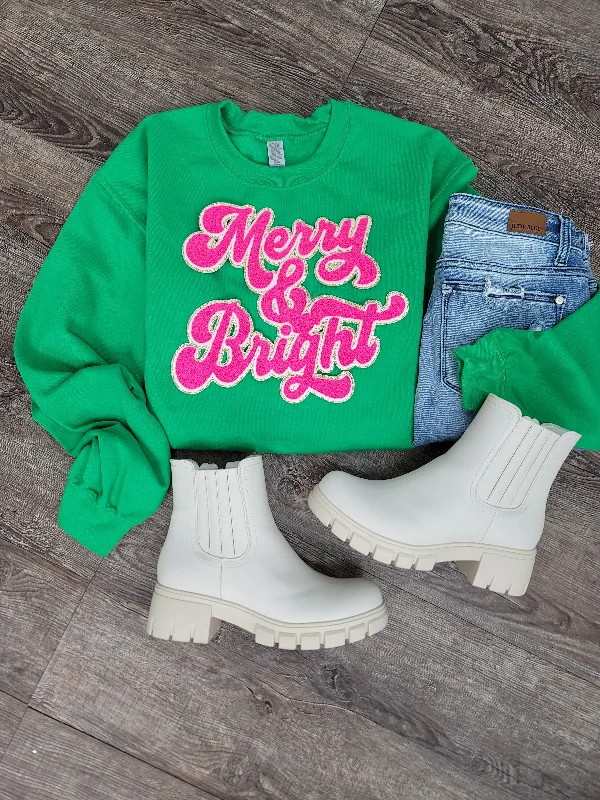 Hazel Blues® | Merry & Bright Chenille Patch Sweatshirt: HOT PINK Hoodie with Slit Hem Functional Movement Hazel Blues® | Merry & Bright Chenille Patch Sweatshirt: HOT PINK Hoodie with Slit Hem Functional Movement