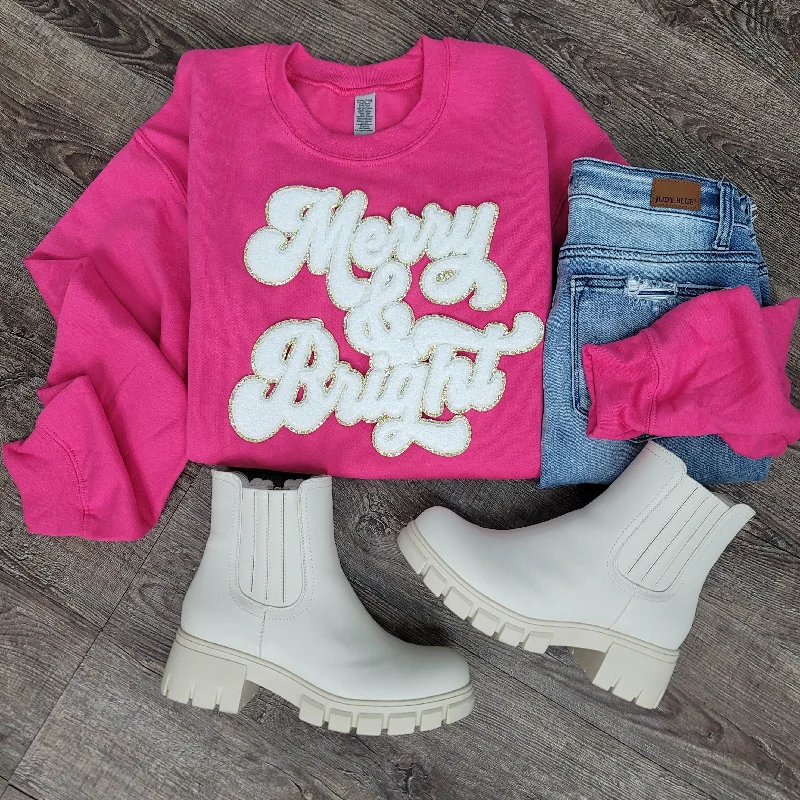 Hazel Blues® | Merry & Bright Chenille Patch Sweatshirt: WHITE Hoodie with Back Slit Movement Comfort Hazel Blues® | Merry & Bright Chenille Patch Sweatshirt: WHITE Hoodie with Back Slit Movement Comfort