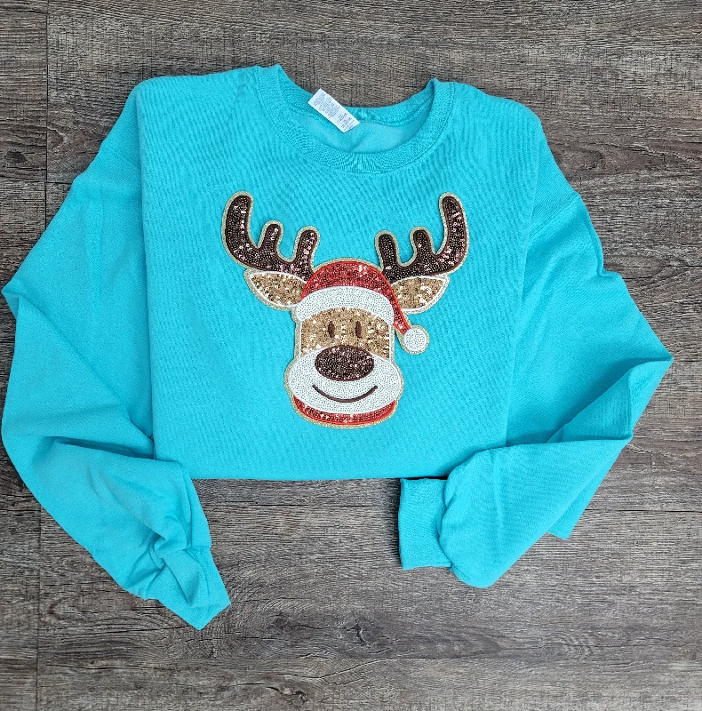 Hazel Blues® | Reindeer Sequin Patch Sweatshirt Hoodie with Hem Lace Feminine Delicate Hazel Blues® | Reindeer Sequin Patch Sweatshirt Hoodie with Hem Lace Feminine Delicate