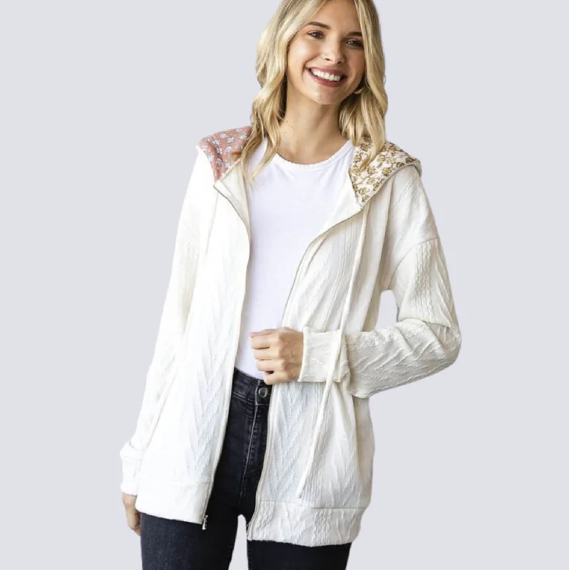 Classy Cable Knit Hoodie With Printed Hood Detail Made in USA Hoodie with Button Classic Timeless Classy Cable Knit Hoodie With Printed Hood Detail Made in USA Hoodie with Button Classic Timeless
