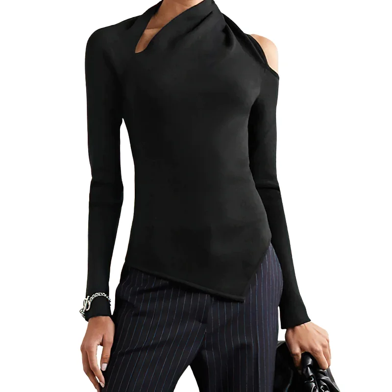 Women's Slim Top With One Off Shoulder / Black Long Sleeve Sweatshirt in Alternative Style Hoodie Crop Top Short Trendy Women's Slim Top With One Off Shoulder / Black Long Sleeve Sweatshirt in Alternative Style Hoodie Crop Top Short Trendy