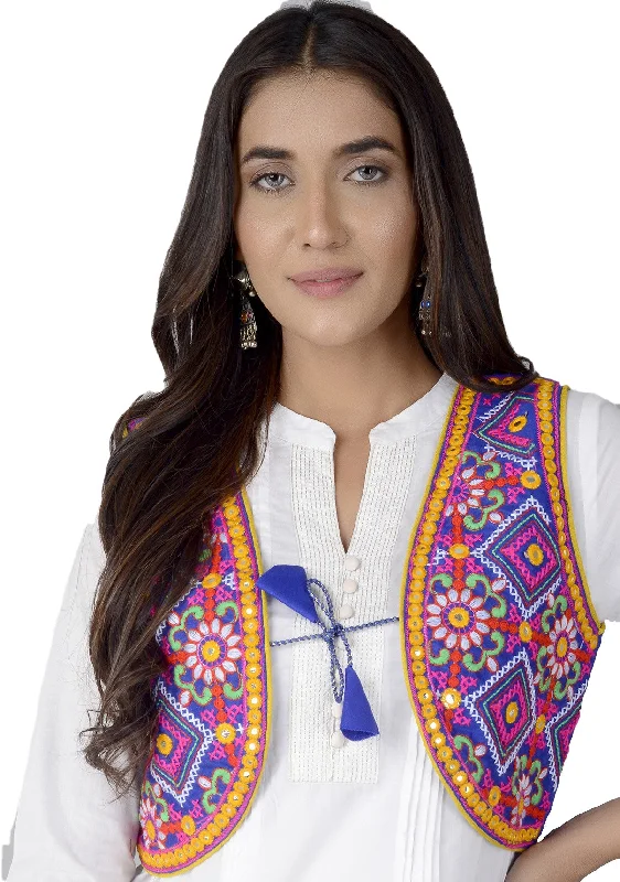 Cotton Kutchi Embroidered Short Jacket/Koti/Shrug (CJK-04) -Blue Snapped Jacket Toggled Jacket Drawstring Jacket Cotton Kutchi Embroidered Short Jacket/Koti/Shrug (CJK-04) -Blue Snapped Jacket Toggled Jacket Drawstring Jacket