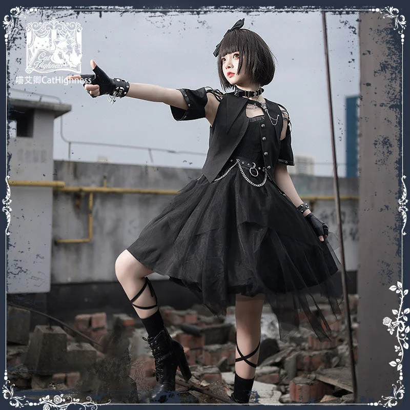 Black Raven Praise Punk Irregular Girl Skirt Dark Gothic Lolita One Piece chiffon skirt lightweight