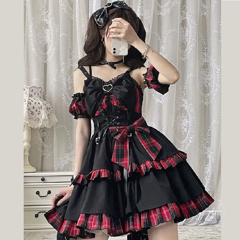 Red Plaid Pattern Sleeveless Ruffle Bow Lace-up Sweet Lolita Skirt cashmere skirt rich