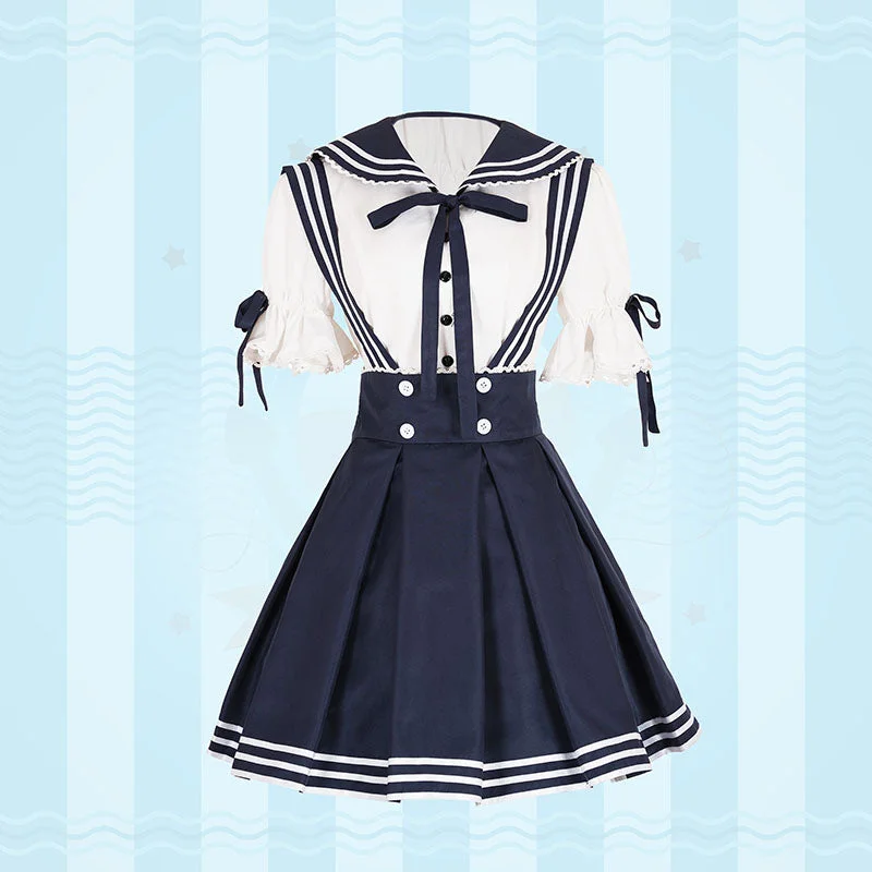 Sailor Lolita Costume Blue Short Sleeved Shirt And Pleated Jumper Skirt elastic waist skirt