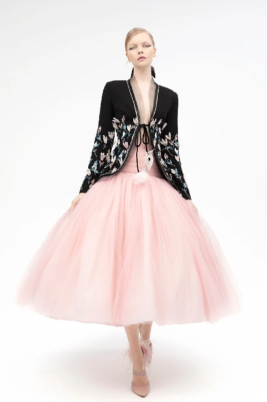 Embroidered jacket with pleated tulle skirt chiffon skirt airy