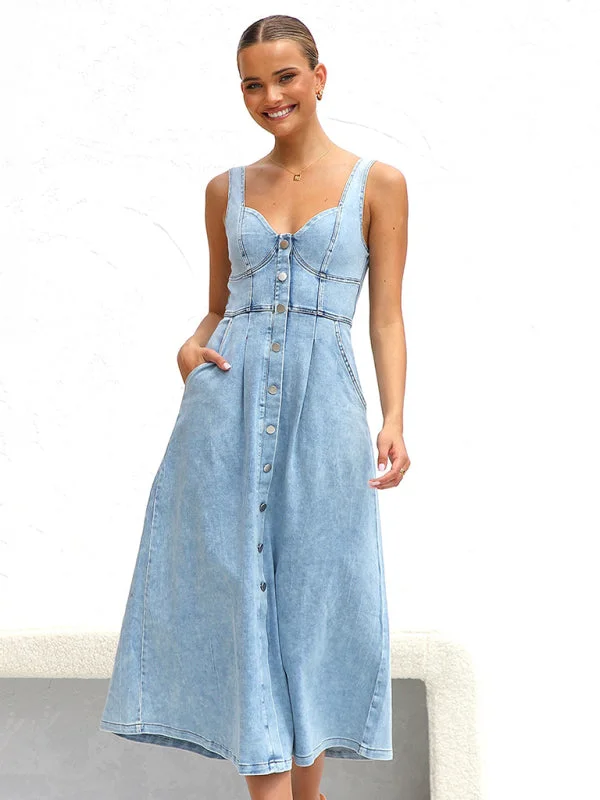 Light blue denim buttoned suspender midi skirt linen skirt natural