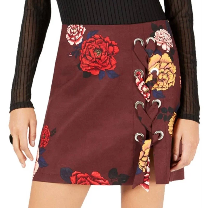 Project 28 NYC Ladies Wine Red Floral Print Mini Skirt w/ Lace Up Accent spandex blend skirt