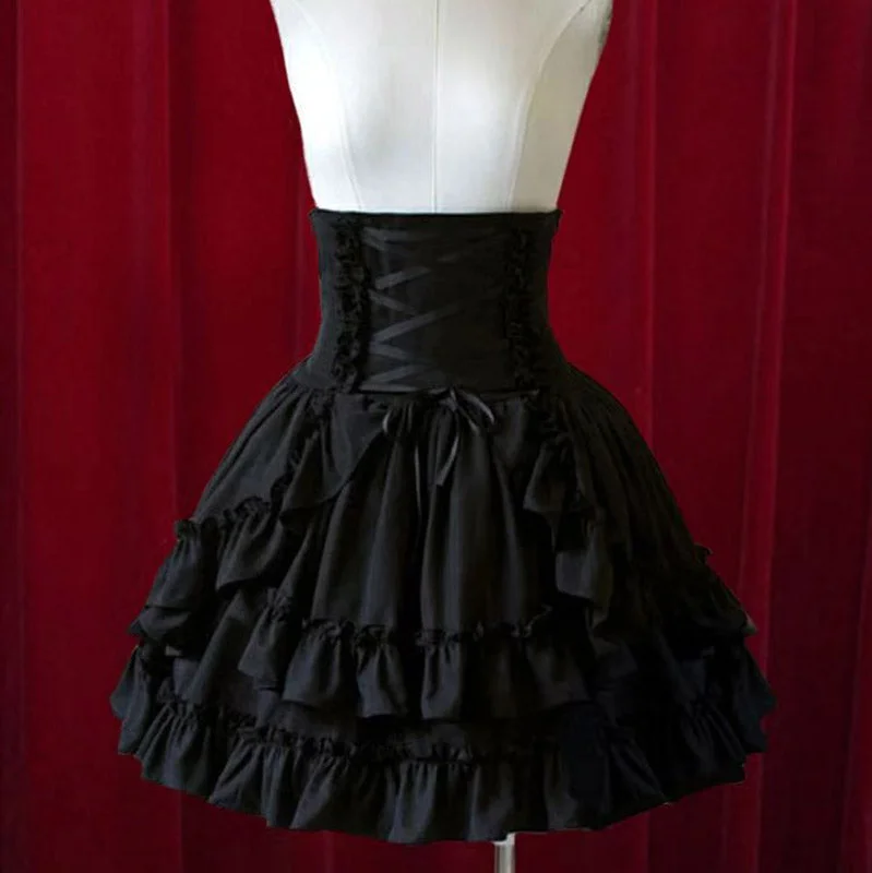 Pure Black Layered Ruffles High Waist Gothic Lolita Short Skirt slim fit skirt