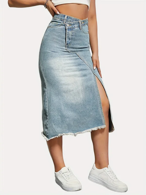 Versatile American retro denim fashionable slit splicing mid-length a-line skirt wool skirt sturdy