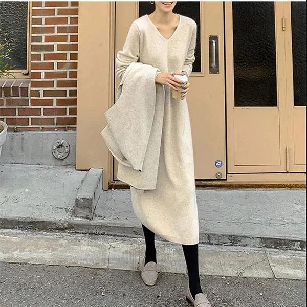 Autumn and Winter Long Sweater Skirt Over The Knee All-match Women's Pullover Long Sleeve Loose Large Size Sweater belted skirt waist