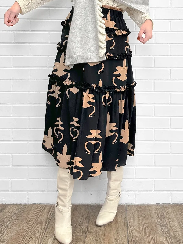 Orchid Print Ruffle Tiers Chiffon Silky Maxi Skirt cashmere skirt soft