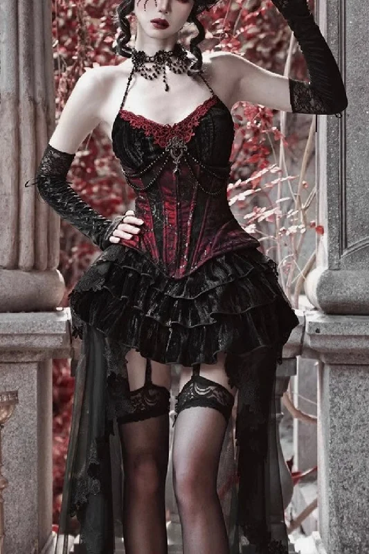 Black/Red Duchess Rococo Fishbone Girdle Multi-layer Ruffle Gothic Lolita Skirt wool skirt breathable