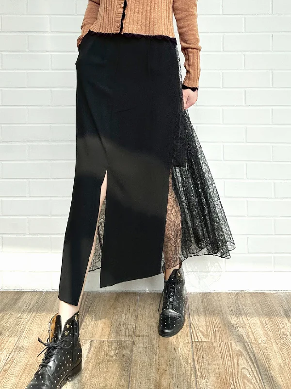 Black Slit Front Pencil Skirt With Pleated Lace Back chiffon skirt delicate