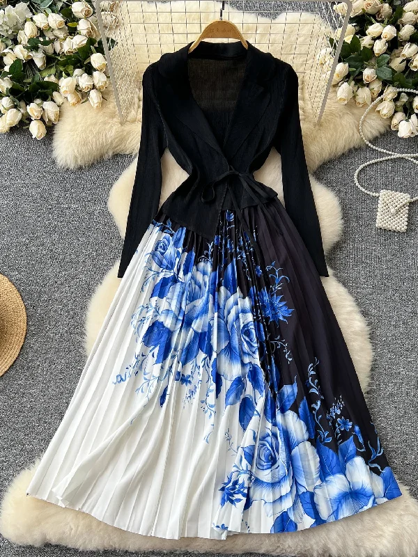 Black Wrap Top Blue Floral Pleated Skirt Ensemble belted skirt waist