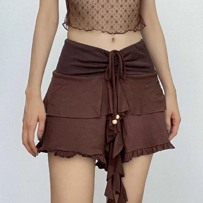 Drawstring ruffle patchwork A line mini skirt button skirt front