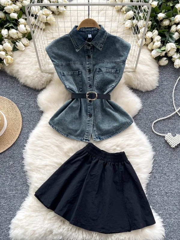 Effortless Style Denim Top Black Skirt Set casual skirt length