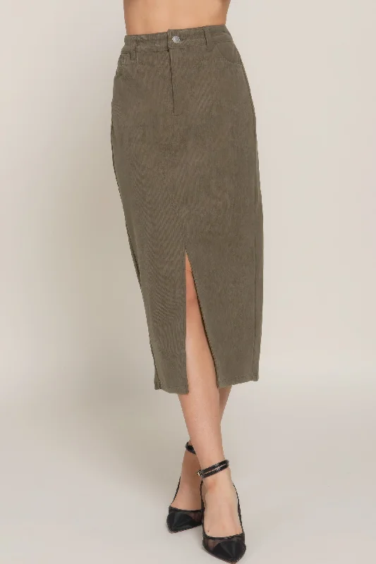 Front Open Slit Corduroy Midi Skirt elastic waist skirt