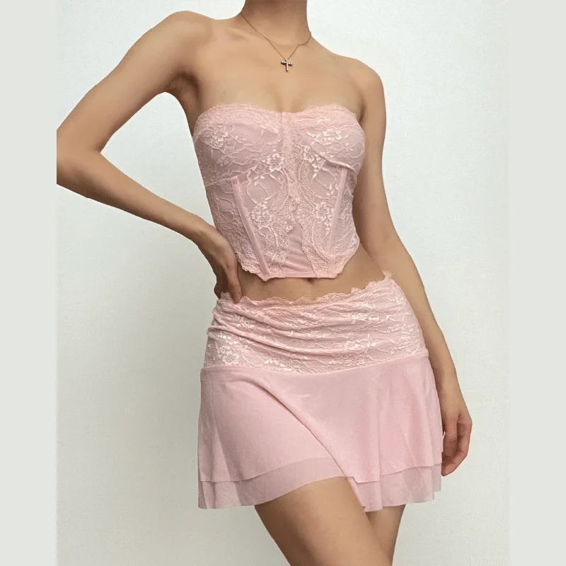 Corset lace patchwork tube ruffle low rise mini skirt set velvet skirt rich