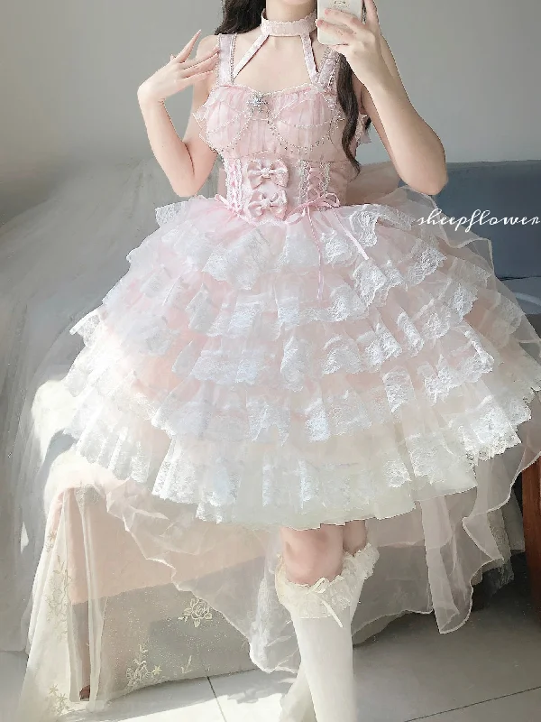 Lolita White Pink Layered Cake Skirt Cute And Sweet chiffon skirt floaty