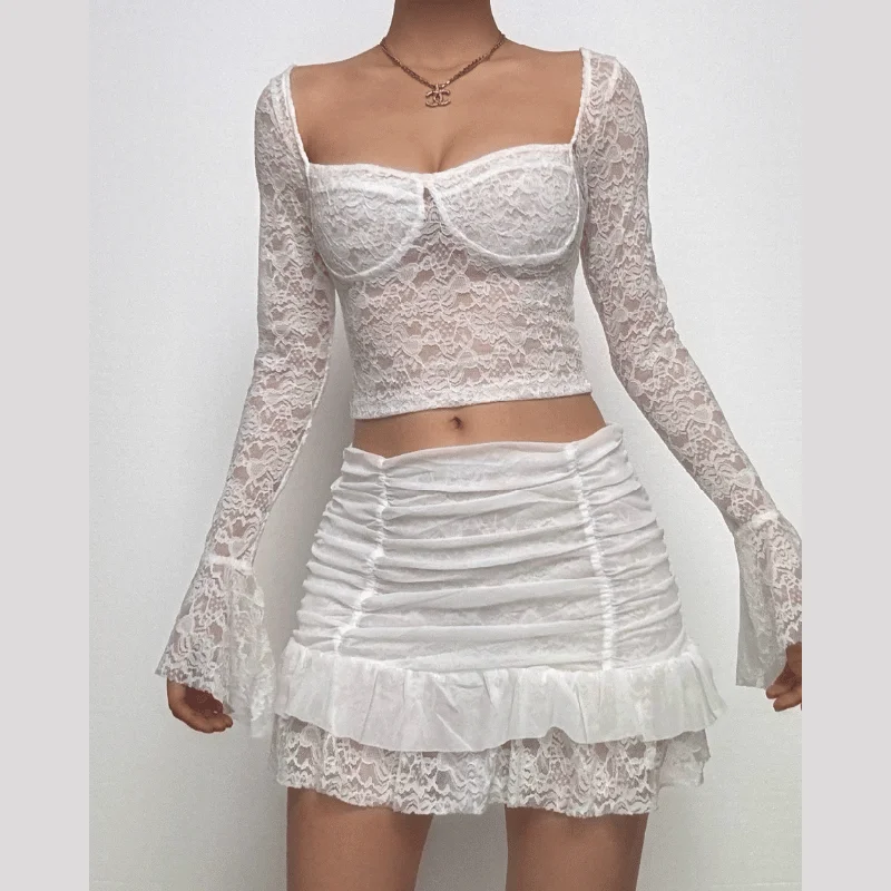 Long flared sleeve ruched lace sweetheart neck solid mini skirt set cashmere skirt plush