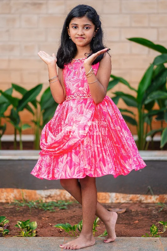 Girls Pink Silk Sleeveless Party Frock with Leaf Motif and Pleated Skirt chiffon skirt floaty