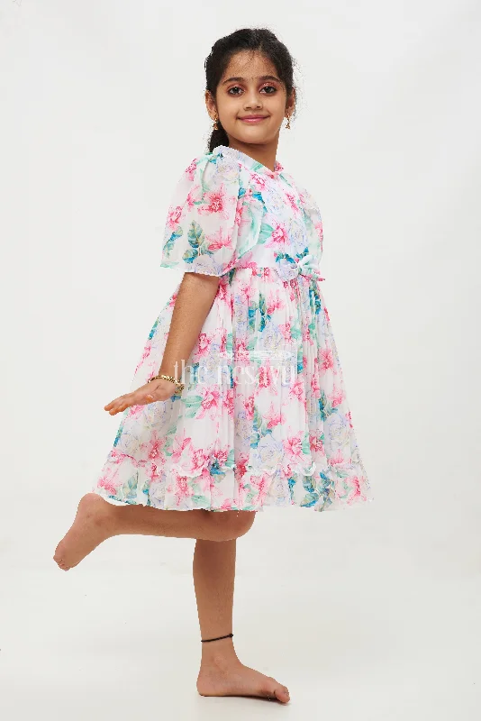 Pink Floral Georgette Printed Frock with Pleated Skirt and Puff Sleeves for Girls a-line skirt cut