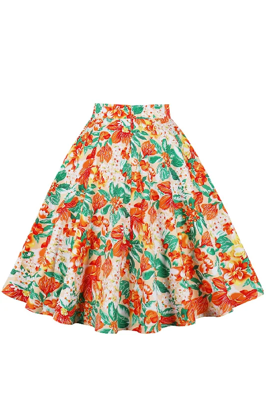 Orange Floral A-line Vintage Skirt silk skirt lustrous