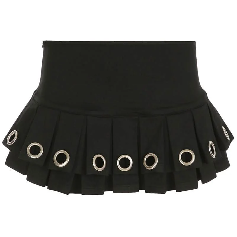 Pleated metal ring zip-up mini skirt elastic waist skirt